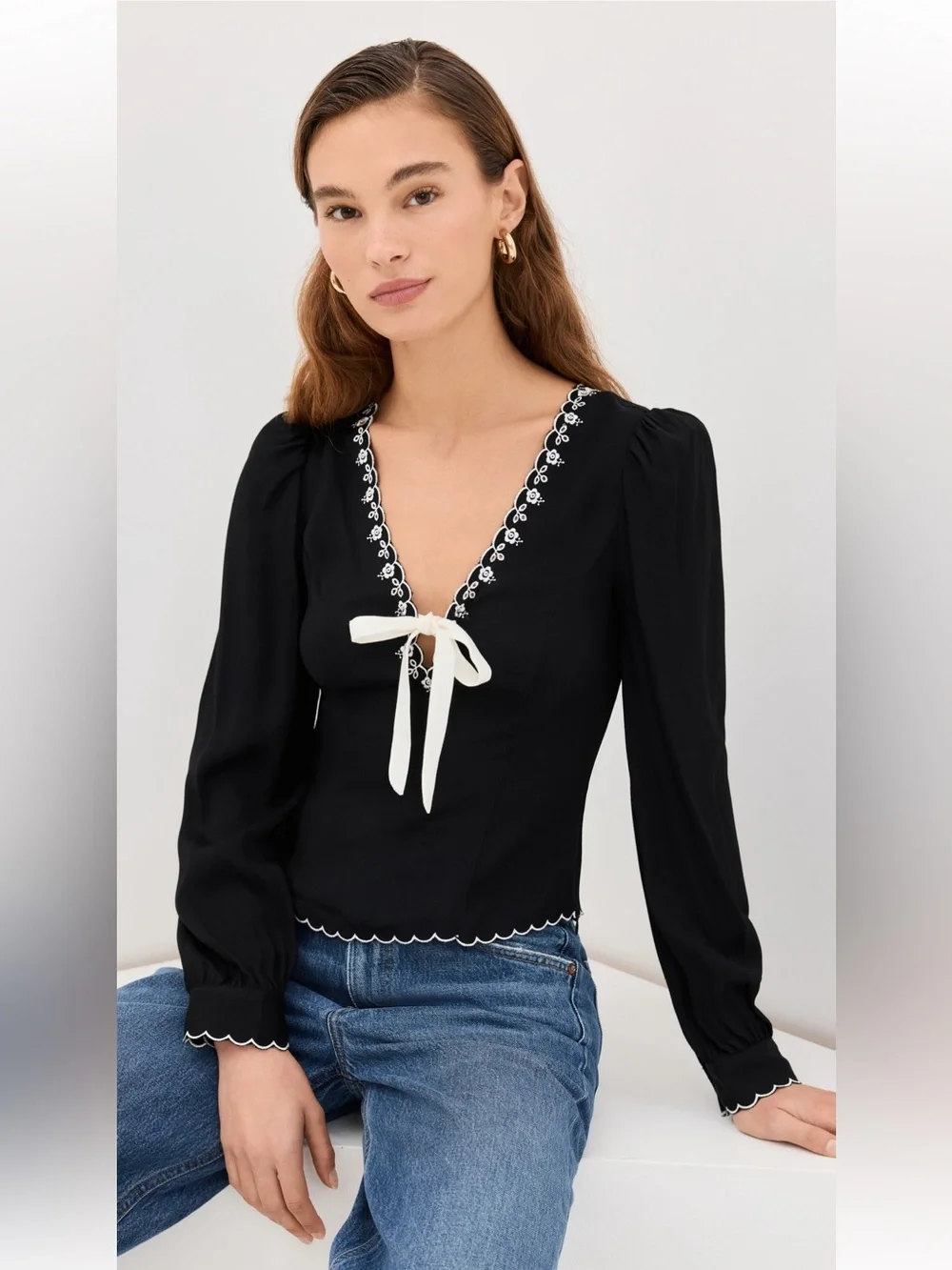 Reformation Vivia , Black V-Neck Long Sleeve Top with Cream Tie - size 2